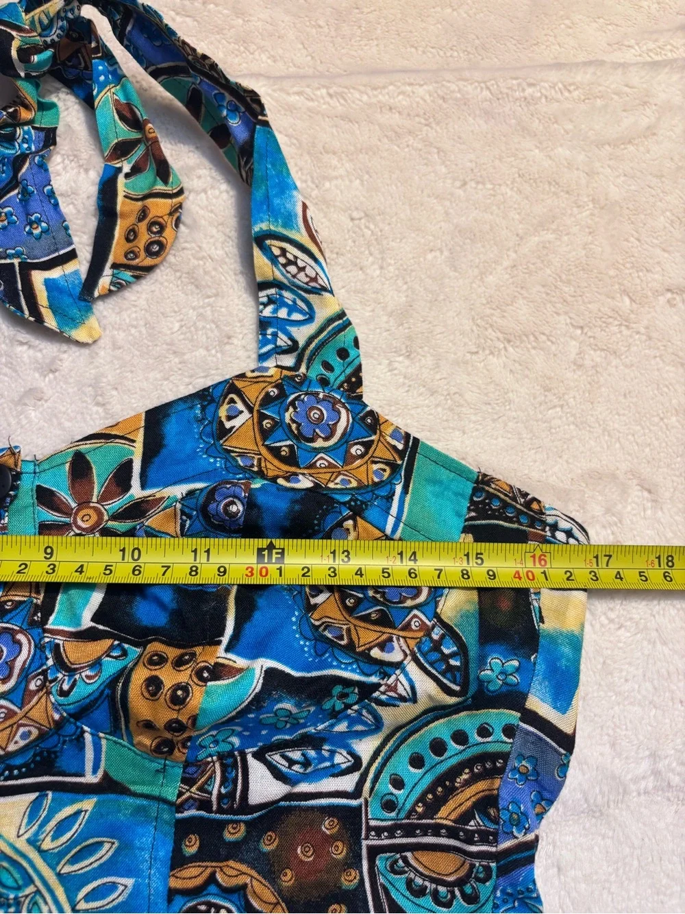 Y2K Halter Crop Top Small WONDER Blue Yellow Patchwork with Button Front - Picture 13 of 14